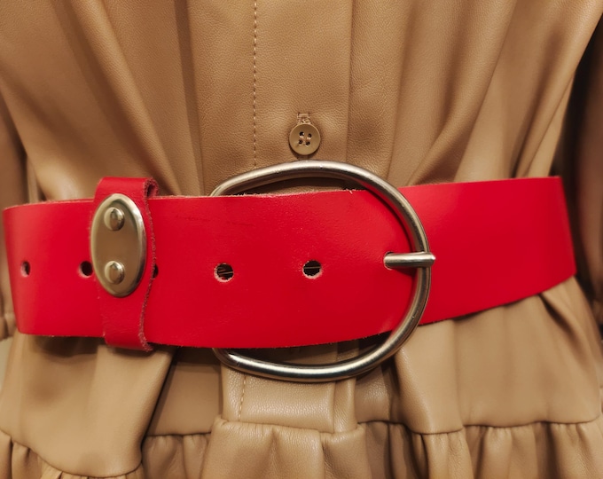 80's Vintage Red Real Leather Belt With Big Silver Metal Buckle