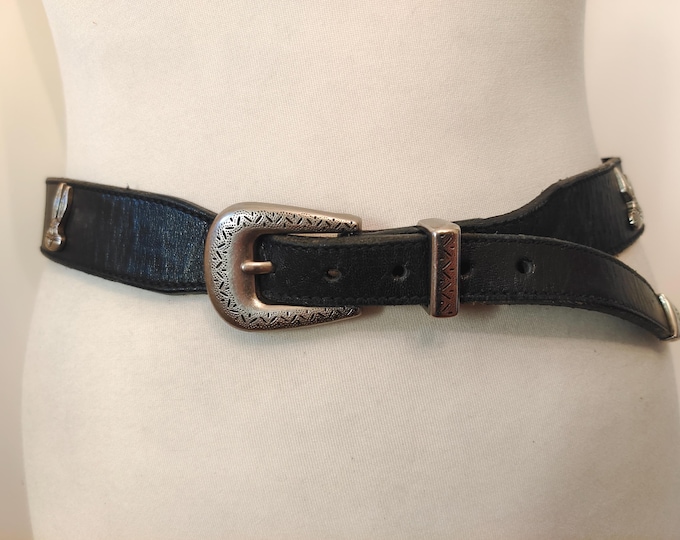 90's Vintage Black Real Leather Belt Looney Tunes Warner Bros Made in Taiwan