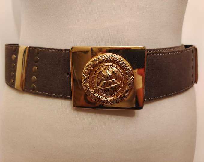 80's Vintage Taupe Real Leather Belt With Golden Metal Buckle