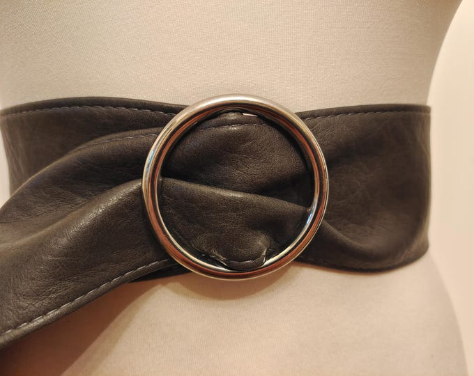 Extra Long Wide Dark Grey Faux Leather Adjustable Belt With Ring Silver Metal Buckle