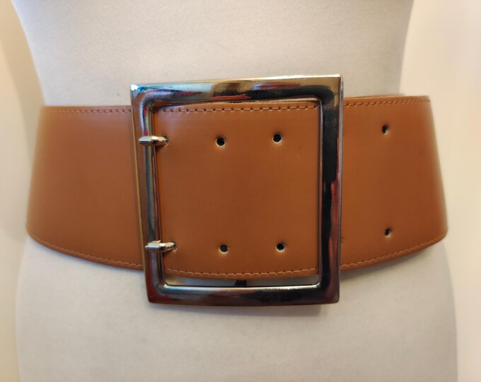 Wide Brown 80's Vintage Faux Leather Belt With Big Silver Buckle Made in France