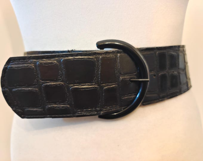 80's Vintage Wide Black Real Leather Belt
