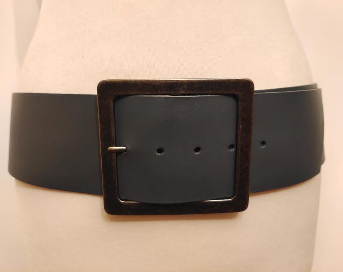 Wide Grey Real Leather Belt With Big Metal Buckle by Pieces