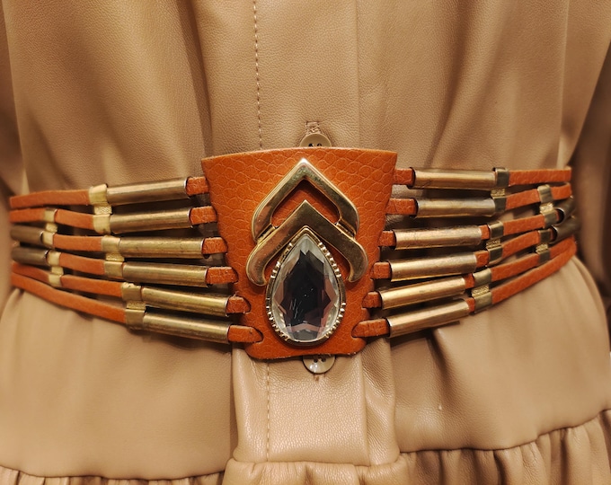 90's Vintage Brown Real Leather Belt With Golden Metal Elements