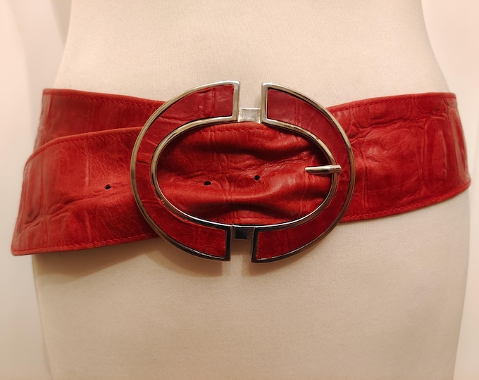 Wide Coral Red Real Leather Belt 90's Vintage