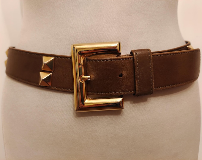 90's Vintage Olive Green Real Leather Belt With Golden Metal Buckle