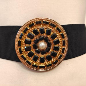 Wide Black Elastic Fabric Adjustable Belt With Golden Buckle