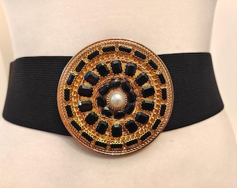 Wide Black Elastic Fabric Adjustable Belt With Golden Buckle