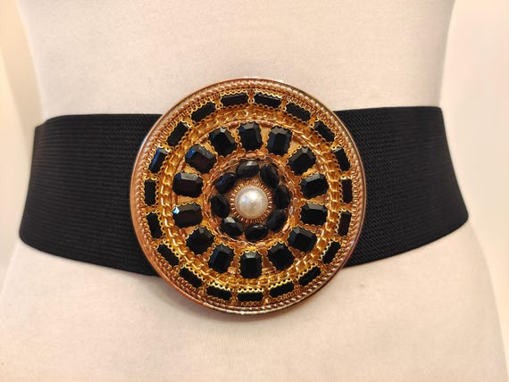 Wide Black Elastic Fabric Adjustable Belt With Golden Buckle  display picture 2