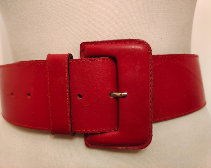 90's Vintage Wide Red Real Leather Belt
