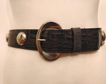 Real Vintage 80's Patent Grey Faux Leather Belt With Silver Metal Elements