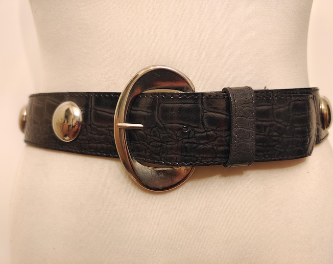 Real Vintage 80's Patent Grey Faux Leather Belt With Silver Metal Elements