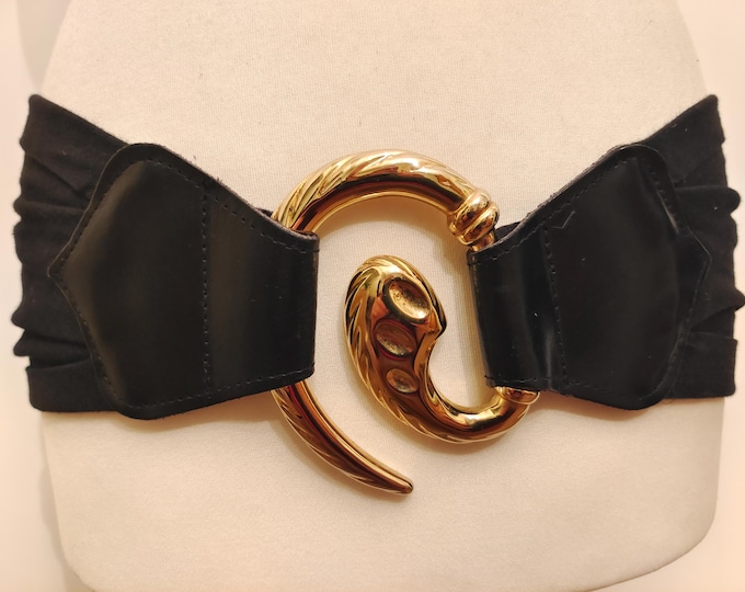 90's Vintage Extra Wide Black Fabric Elastic Belt With Big Golden Metal Buckle Made in France