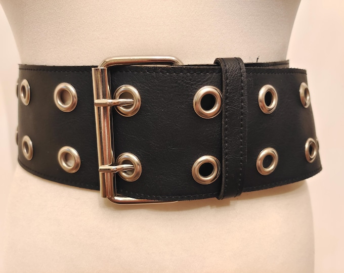 90's Vintage Extra Wide Black Faux Leather Belt Made in France