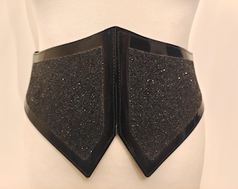 90's Vintage Extra Wide Black Real Leather Elastic Corset Belt