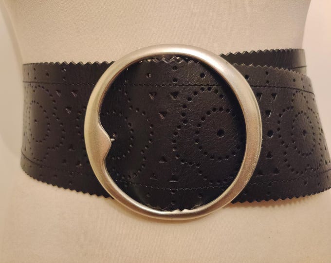 Wide Black Real Leather Belt With Big Silver Metal Buckle by Esprit