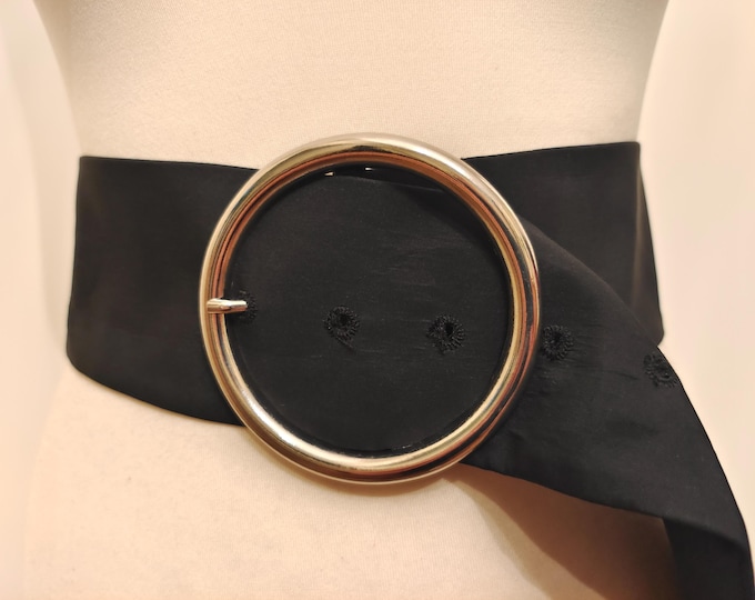 Wide Black Fabric Belt With Big Silver Metal Buckle
