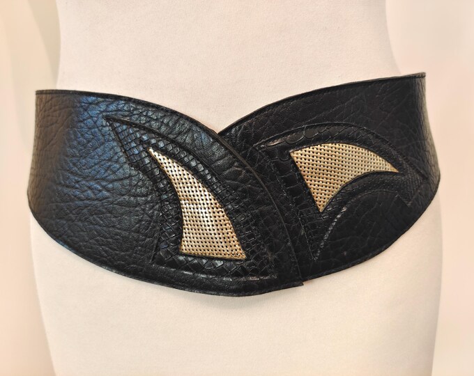 80's Vintage Wide Black Faux Leather Belt