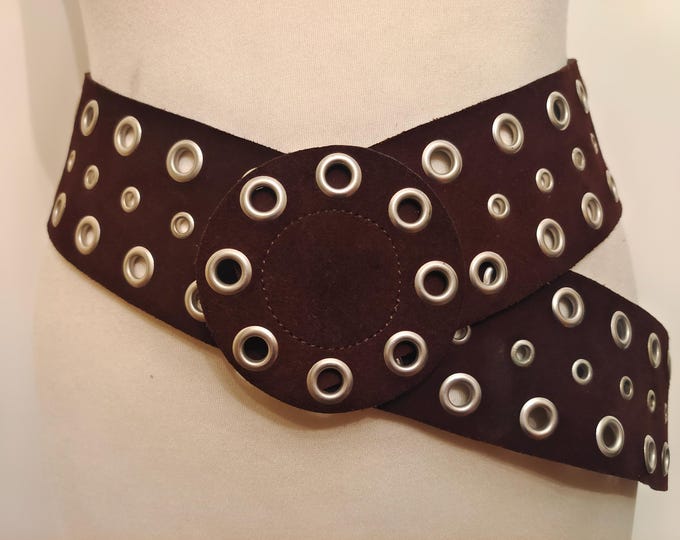 90's Vintage Wide Brown Real Leather Adjustable Belt