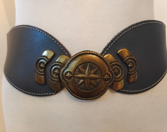 80's Vintage Wide Grey Real Leather Belt With Metal Buckle