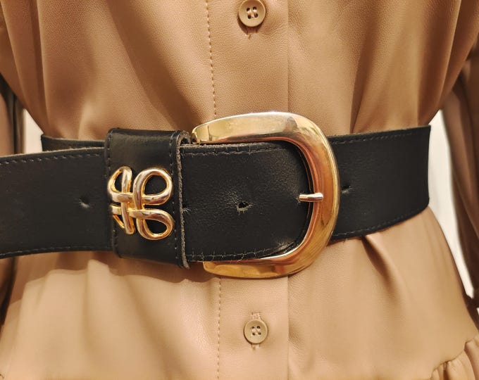 90's Vintage Black Real Leather Belt With Golden Metal Buckle