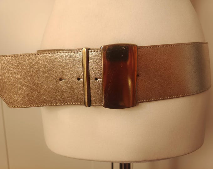 Wide Gold Leather Belt With Gold Buckle by Monnari