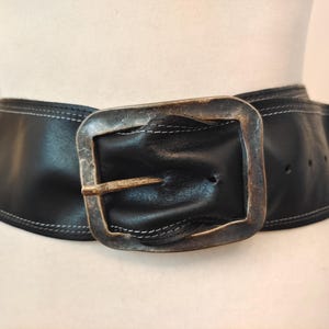 Wide Black Real Leather Belt With Old Metal Buckle