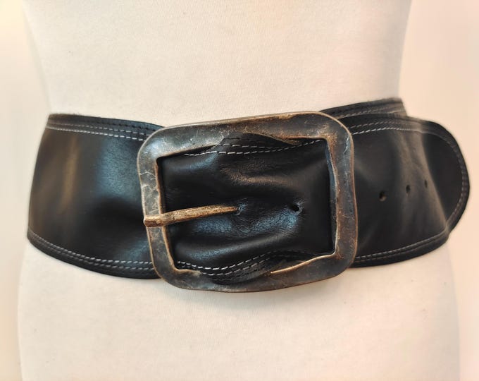Wide Black Real Leather Belt With Old Metal Buckle