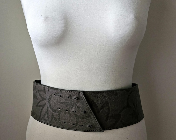 Wide Grey Leather Embossed Belt by SOLAR