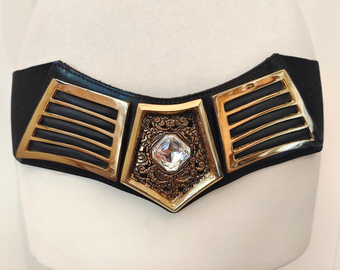 80's Vintage Hand Made Wide Black Elastic Belt With Golden Metal Buckle by M.D. Leder Design