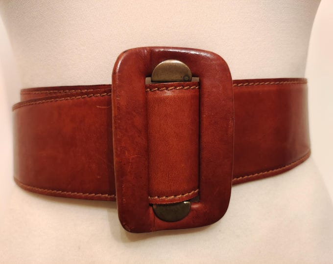 90's Vintage Wide Brown Real Leather Adjustable Belt Made in Italy