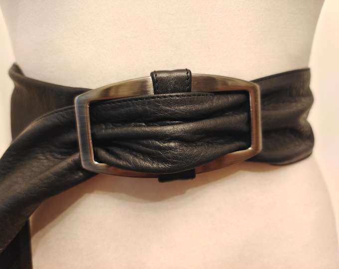 Extra Long Wide Black Real Leather Adjustable Belt by Garbino