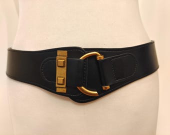 Wide Black Elastic Fabric And Faux Leather Belt