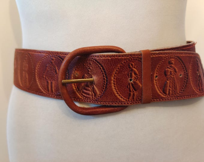 80's Vintage Brown Embossed Real Leather Belt Made in USSR
