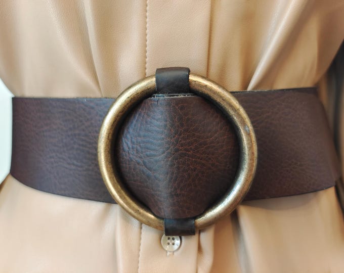 Wide Brown Real Leather Adjustable Belt by Promod