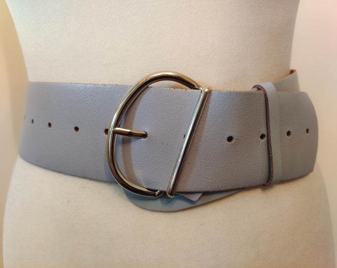 80's Vintage Grey Real Leather Belt With Silver Metal Buckle