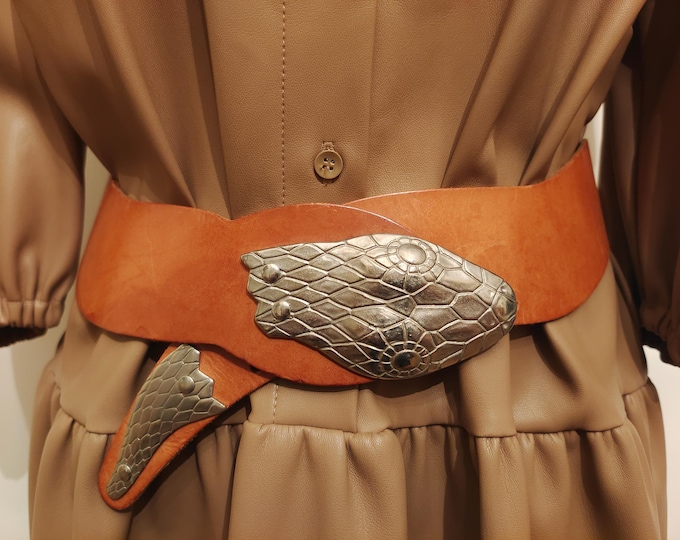 90's Wide Brown Real Leather Belt With Silver Metal Snake Buckle
