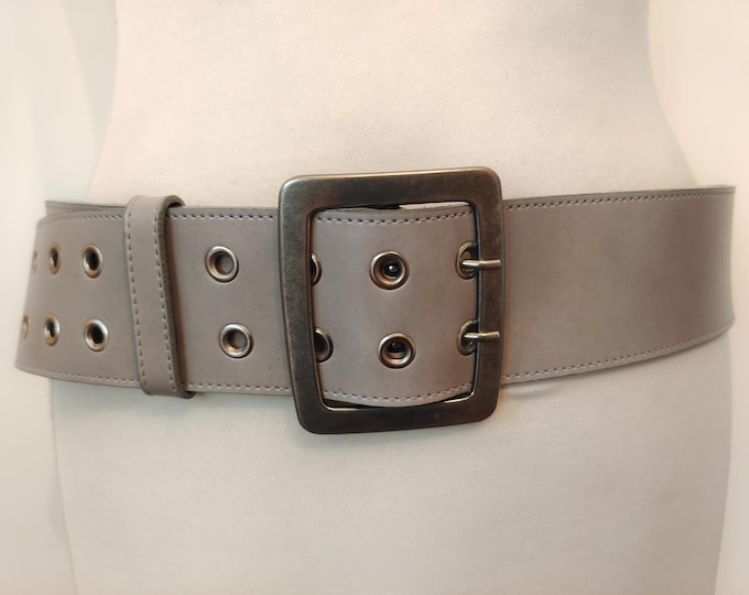 Extra Long Wide Grey Real Leather Double Prong Belt