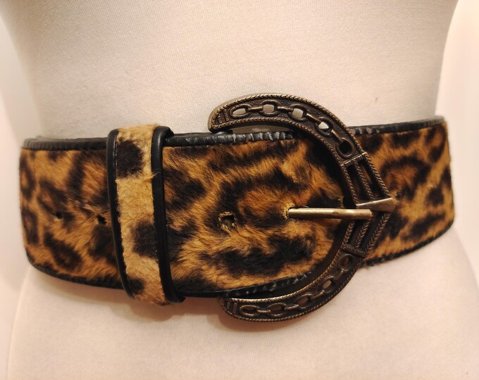 Wide Faux Leather Animal Fur 80's Vintage Belt