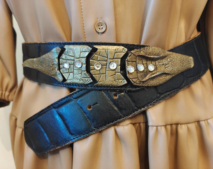 80's Vintage Black Real Leather Belt With Metal Crocodile Gems Buckle