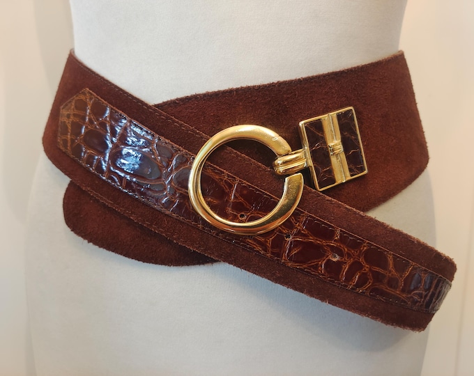 80's Vintage Wide Brown Real Leather Belt With Golden Metal Buckle