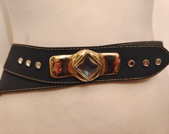 90's Vintage Black Faux Leather Belt With Golden Buckle