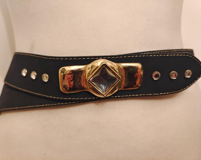 90's Vintage Black Faux Leather Belt With Golden Buckle