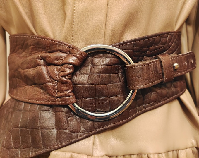 90's Vintage Wide Brown Real Leather Belt With Silver Metal Buckle