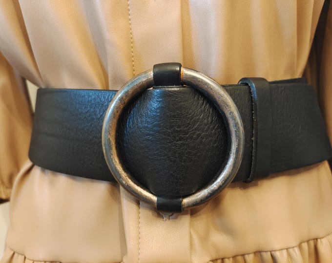 Wide Thick Black Real Leather Belt With Ring Metal Buckle by Philosophy Blues Original