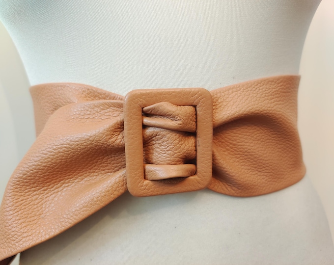 Wide Light Brown Real Leather Adjustable Belt by Mango