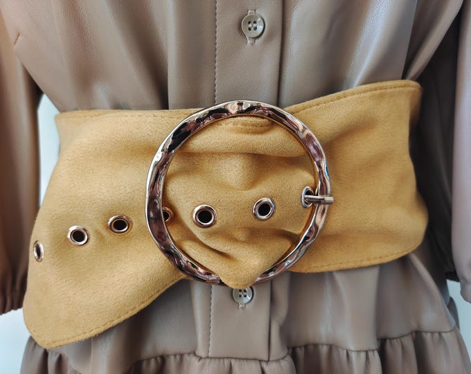 Extra Wide Mustard Fabric Belt With Golden Metal Buckle