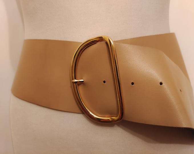 Wide Beige Real Leather Belt With Golden Buckle