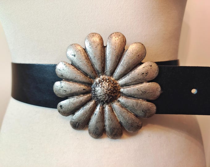 Black Real Leather Belt With Big Metal Flower Buckle Made in Sweden