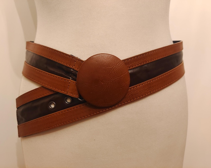 Wide Brown Faux Leather Belt With Round Buckle